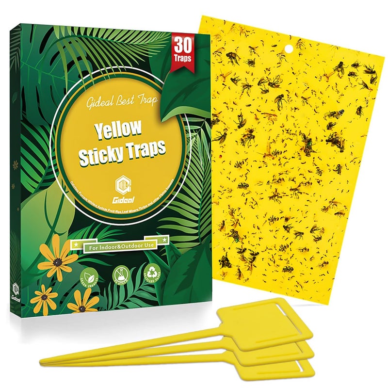 Gideal 30-Pack Dual-Sided Yellow Sticky Traps for Indoor Outdoor Flying Plant Insect Fungus Gnats, Whiteflies, Aphids, Leafminers,Thrips (6x8 Inches, Included 30pcs Twist Ties) - Image 1